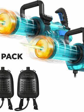 2 Pack Gatling Style Electric Water Gun with LED 55ft Squirt Gun 3000cc Backpack